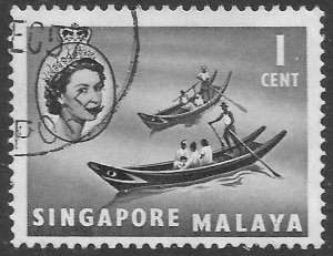 Singapore Scott 28 Used, 1c sepia Chinese Sampans issue of 1955