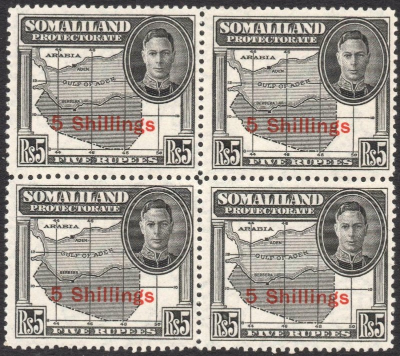 SOMALILAND-1951 5/- on 5r Black Block of 4 Sg 135 UNMOUNTED MINT V42925