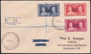 COOK IS 1938 Registered cover with Coronation set ex RAKAHANGA.............A8114