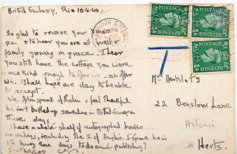 Great Britain 1/2d KGVI (3) 1944 London PPC to Hitchin, England.  Shortpaid s...