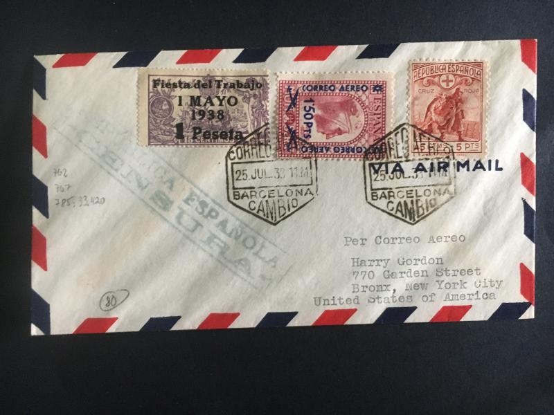 1938 Barcelona Spain to USA Cover Censored Overprints Civil War