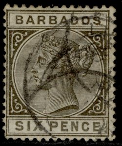 BARBADOS QV SG100, 6d olive black, USED. Cat £48.