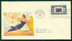 US #911, 5¢ NORWAY on FDC with J.M. ART DECO cachet, VF