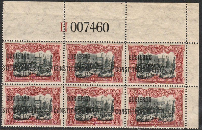 MEXICO 431Var, 50¢ With $ Revolutionary overprint SHIFTED BLK OF 6 MINT, NH. VF