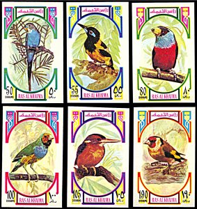 Ras al Khaima Michel 593 B-598B, MNH imperf., Small Colorful Birds