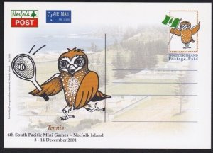 NORFOLK IS 2001 Sth Pacific Games Postage Paid owl postcard - Tennis.......B3552