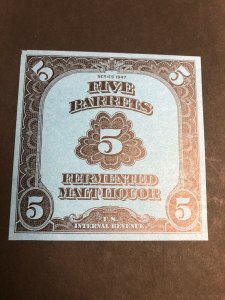 US REA194 1947 5 Barrel Fermented Malt Liquor Beer Stamp Mint XF NH
