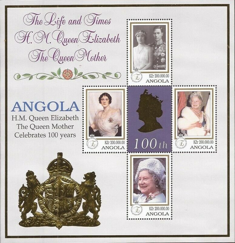 Angola - 1999 Queen Mother 100th Birthday - 4 Stamp Sheet - Scott #1086