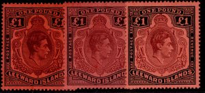 LEEWARD ISLANDS GVI SG114 + 114a + 114b, £1 SHADE VARIETIES, M MINT. Cat £535.