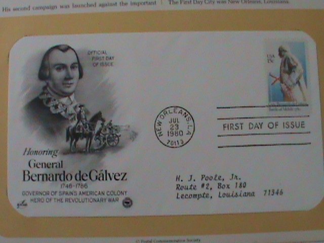 ​UNITED STATES 1980-GEN. BERNARDO DE GALVEZ :-FDC WITH HISTORY PAGE-MNH VF