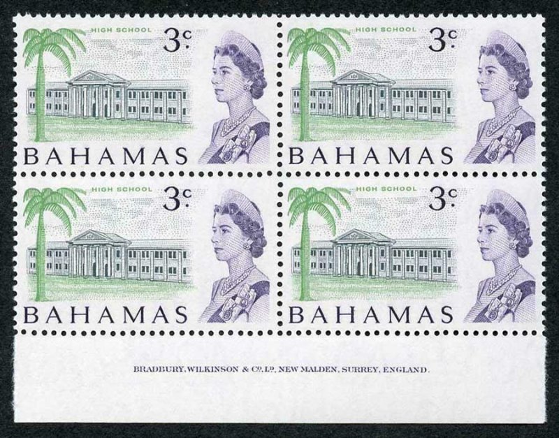 BAHAMAS SG297a 1967-71 3c Whiter paper imprint block of 4 U/M