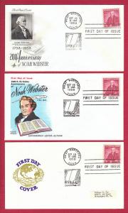 1958 4c Noah Webster #1121, 3 FDCs, Various