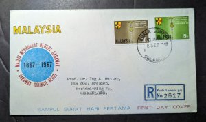 1967 Registered Malaysia First Day Cover FDC Kuala Lumpur to Dresden Germany