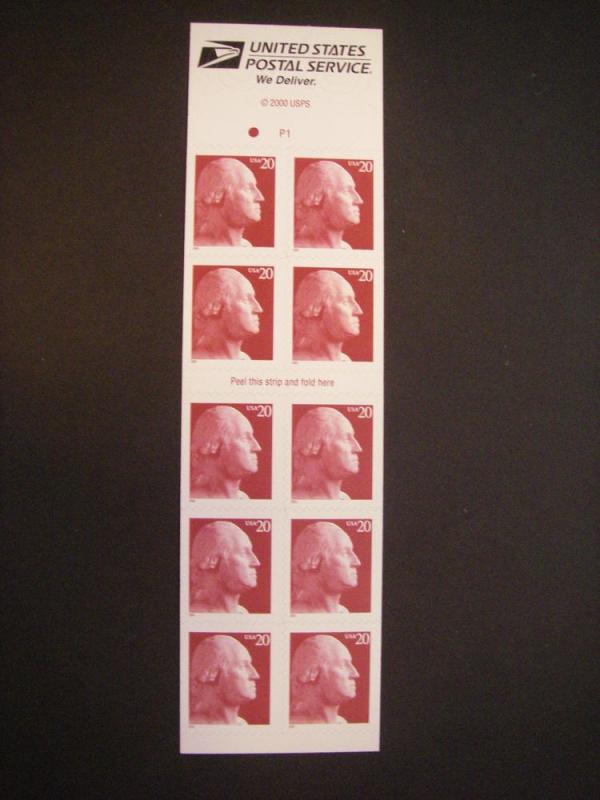 Scott 3482a, 20c Washington, #P1, Pane of 10, Complete MNH Beauty