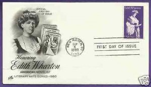 1832  EDITH WHARTON 15c 1980, U/A ARTCRAFT FIRST DAY COVER.