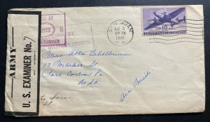 1942 San Juan Puerto Rico USA Censored Airmail Cover To Port Carleon Pa