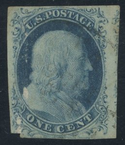 USA 7 - Imperf Franklin Type II - VF app used 4 full margins - facial scrape