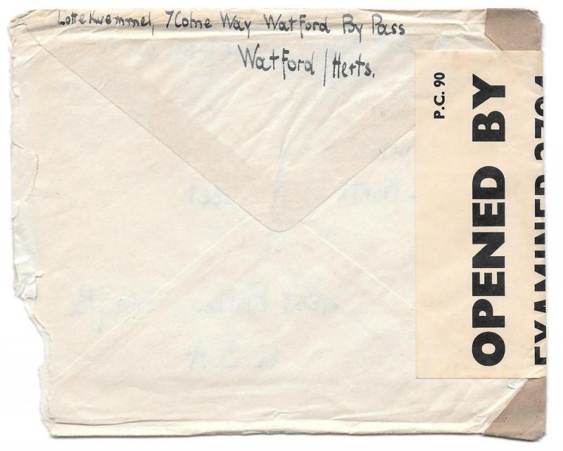 GB Censored Cover WWII 1942 Watford Herts Airmail to US 