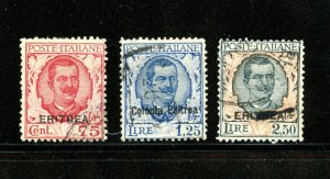 Eritrea #99-101 (E249) Complete 1926 O/P on Italy stamps, U,F-VF, CV$112.50