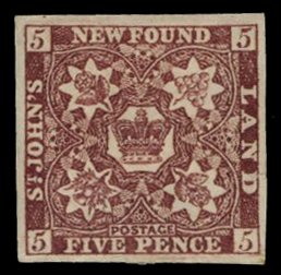 Newfoundland #5 Cat$325, 1872 5p brown violet, hinged, margins all around