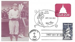 1983 FDC, #2046, 20c Babe Ruth, paste-on, dual cancels