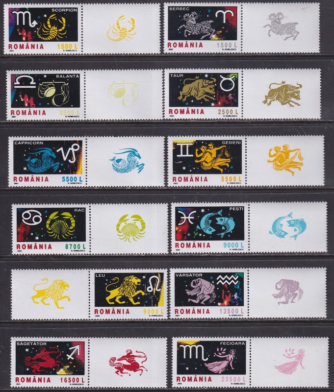 Romania (2001-02) #4488-99 MNH. Zodiac Signs with labels!