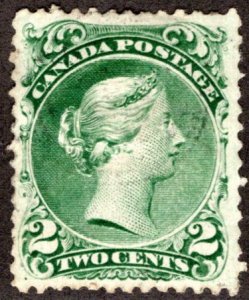 Scott 24, 2c green, Large Queen, VF, Used, Light cancel, Canada Postage Stamp