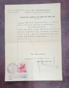 Post WW2 WWII French France document w tax stamp Luxembourg 1947