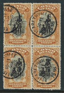 Belgian Congo, Sc #58, 5fr Used Block of 4