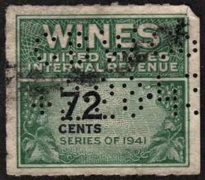 RE141 72¢ Wine Revenue Stamp (1942) Perfin