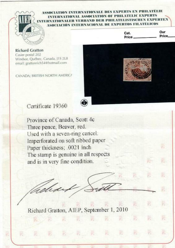 CANADA # 4c 3p BEAVER USED WITH 7 RING CANCEL SOFT RIB PAPER CV $800 WITH CERT