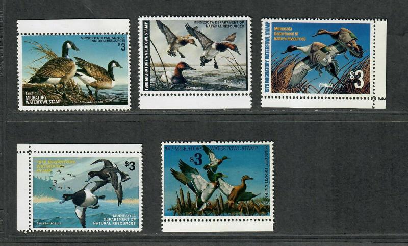 Minnesota Sc#1-5 M/NH/VF, State Duck Stamps, Cv. $60.50 