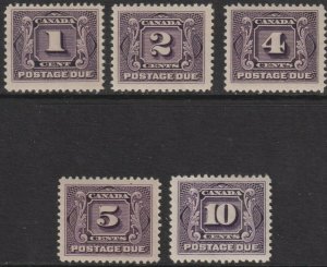 Sc# J1 / J5 Canada postage dues 1906 - 1928 complete set MLMH CV $240.00 Stk #2