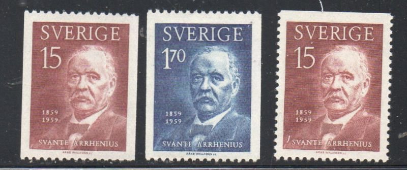 Sweden Sc 547-549 1959 Aarhenius stamp set mint NH