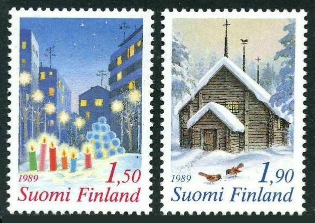 Finland 808-809,MNH.Michel 1087-1088.Christmas 1989.Sodankyla Church,Jays.Birds