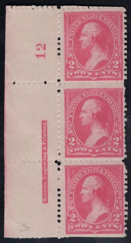 US #248 SCV $130.00 VF mint lightly hinged, PLATE STRIP of 3,  very nice stri...