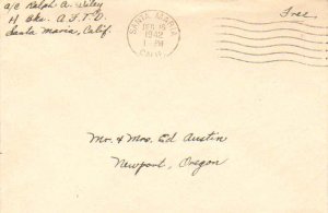 United States California Santa Maria 1942 machine  Soldiers Free Mail Inscrib...