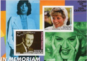 Somali Republic 2001 Princess Diana-Walt Disney-Madonna-Mick Jagger S/S (1) MNH