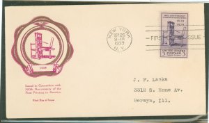 US 857 1939 3c Printing press/300th anniversary in the USA (single) on an addressed (typed) first day cover