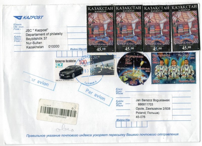 Kazakhstan 2022 Registered Cover to Poland Stamps Space Astronauts Folklore Car