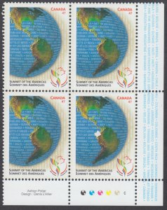 Canada - #1902 Summit Of The Americas Plate Block - MNH