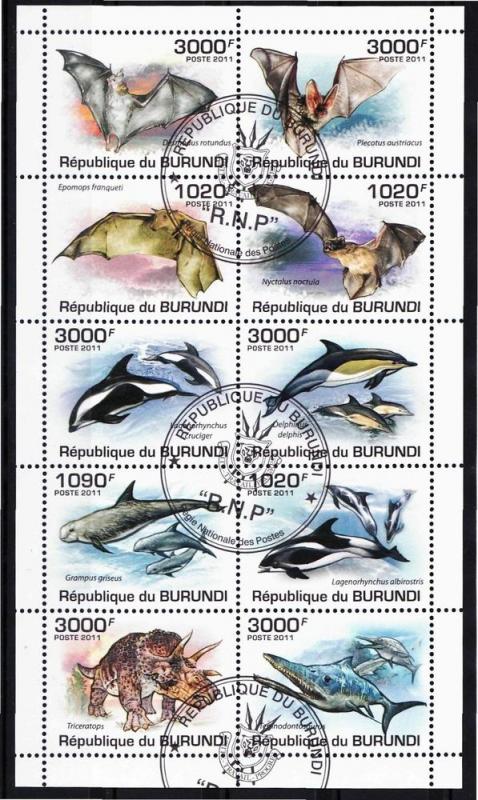 BURUNDI SHEET USED BATS MARINE LIFE DINOSAURS DOLPHINS