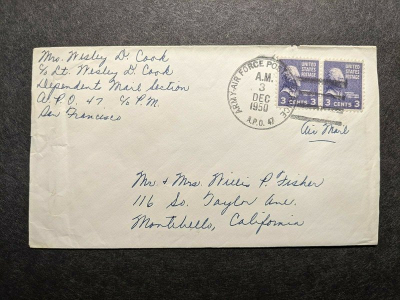 APO 47 WERTHEIM, GERMANY 1950 Army Air Force Cover Civilian Mail 