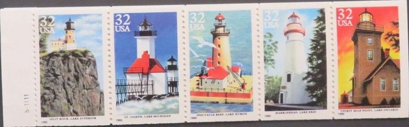 2973a 32c Great Lake Lighthouses, Bklt Pane of 5, Second Pane