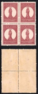 VIRGIN ISLANDS SG15 1867-70 4d lake-red on pale rose block of 4 brilliant M/M