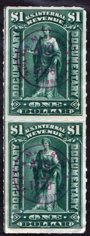 R173 $1.00 Documentary Stamp: Vertical Pair (1898) Used/CDS