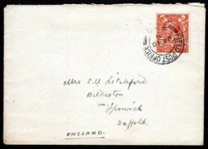 1921 British Army, cover to Suffolk, GB 2d by an almost-complete strike of T.29