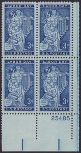 1082 Labor Day Plate Block MNH