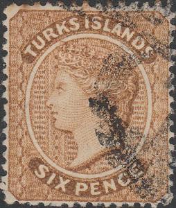 TURKS Islands - 1889 - SG59 6d yellow-brown Wmk Crown CA, p.14 - used