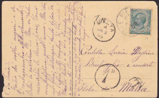 MALTA 1910 postcard ex Italy postage due 1d in circle etc...................8847